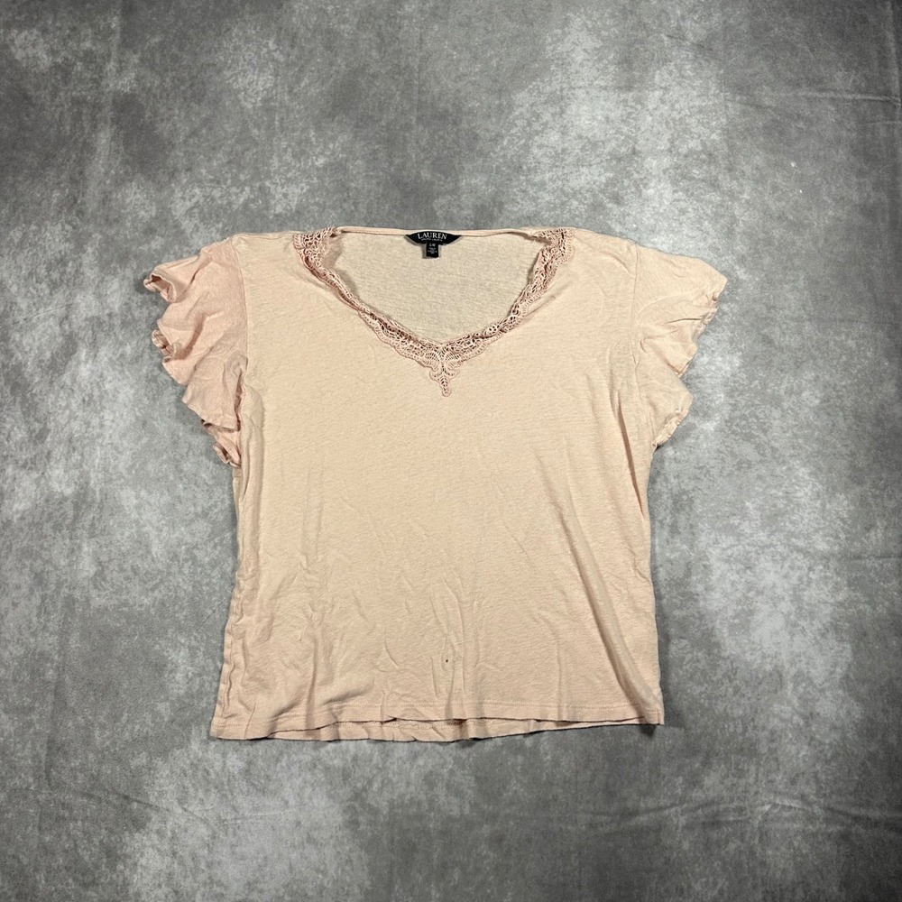 Lauren Ralph Lauren Pink Crochet Lace V-Neck Flutter Sleeve Top Women L Preppy